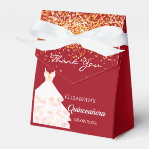 Quinceanera red gold white dress thank you favor boxes