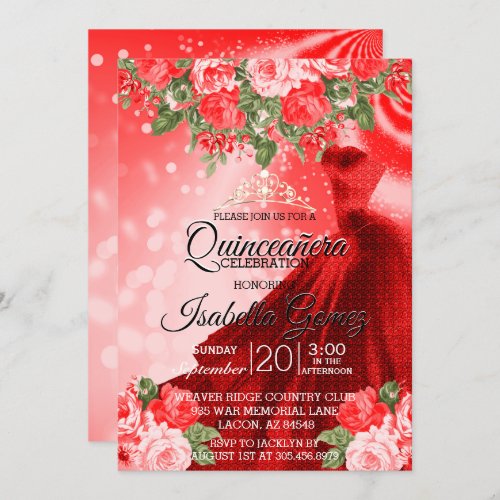 Quinceaera  Red Gown and Flowers Invitation