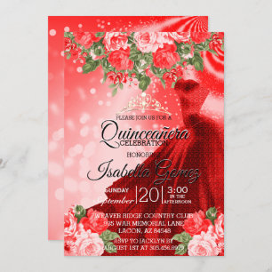 Quinceañera Red Gown and Flowers Invitation