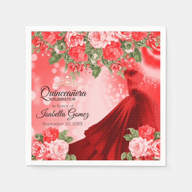 Quinceañera  Red Gown and Flowers Napkins (Front)