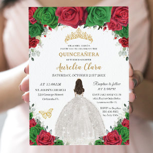 Quinceañera Red Green Floral Princess White Dress Invitation
