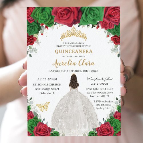 Quinceaera Red Green Floral Princess White Dress Invitation