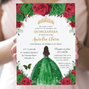 Quinceañera Red Green Roses Floral Princess Gold Invitation