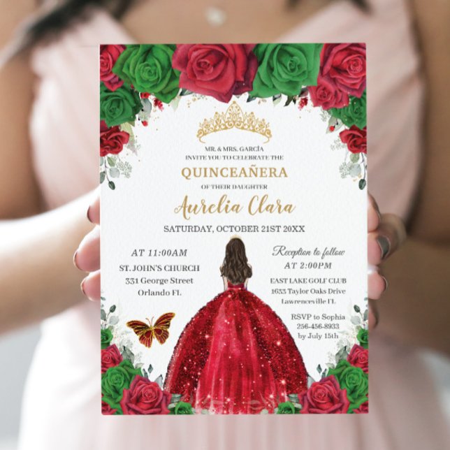 Quinceañera Red Green Roses Floral Princess Gold Invitation (Creator Uploaded)