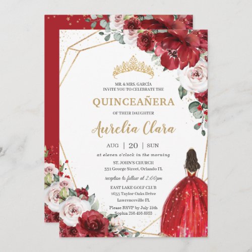 Quinceaera Red Ivory Blush Floral Princess Invitation