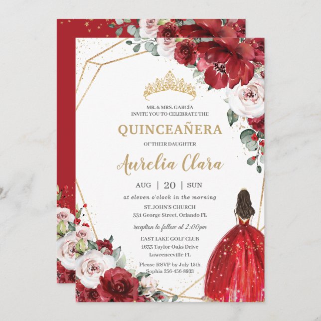 Quinceañera Red Ivory Blush Floral Princess Invitation (Front/Back)