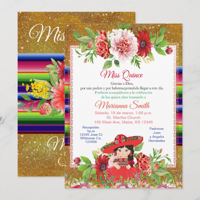 Quinceanera Red Mexican Miss Quince Invite (Front/Back)
