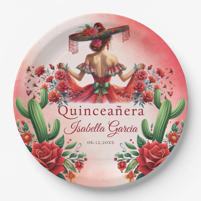 Quinceañera Red Mexican Style Paper Plates (Front)