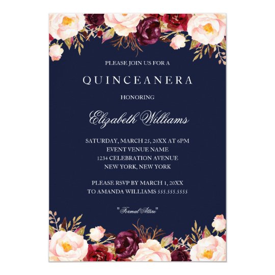 Quinceanera Red Navy Marsala Floral Burgundy 15th Invitation | Zazzle.com