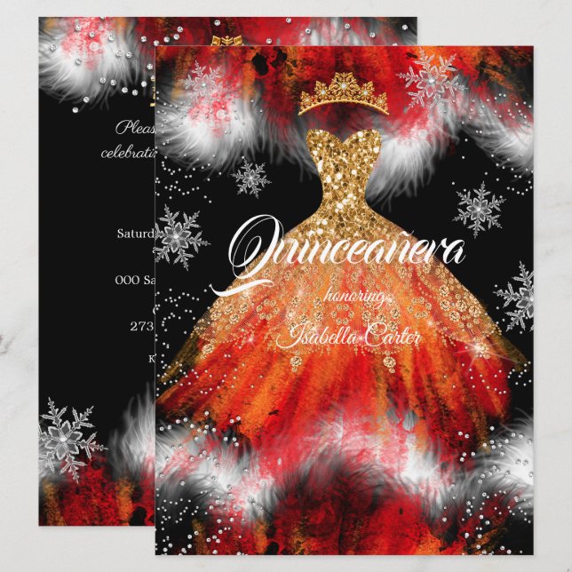 Quinceanera Red Orange Ice snowflake Fire Dress Invitation (Front/Back)