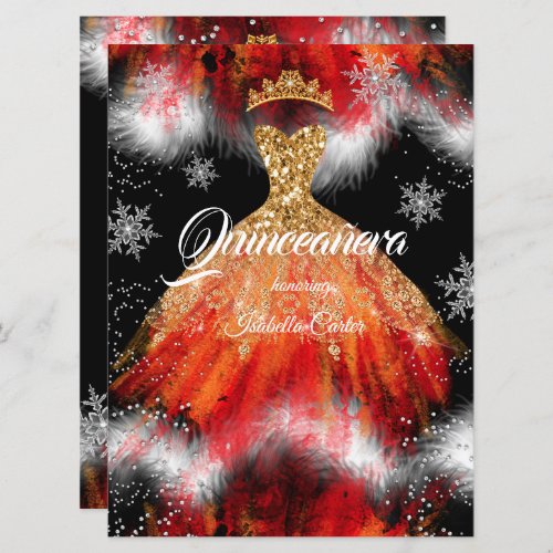 Quinceanera Red Orange Ice snowflake Fire Dress Invitation