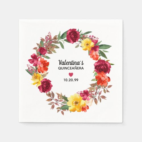 Quinceanera Red Orange Yellow Fall Floral Wreath Napkins