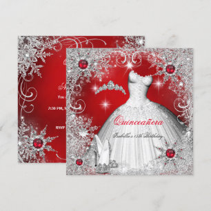 Quinceanera Red Pearl Silver Winter Snowflakes Invitation