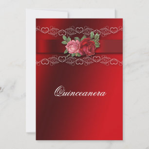 Quinceanera Red Pink Roses Red Satin Invitation