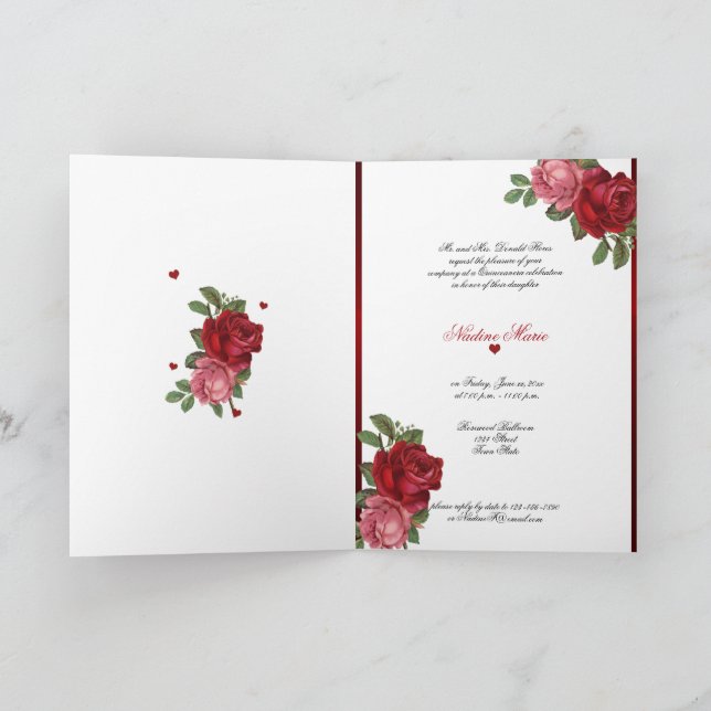 Quinceanera Red Pink Roses Red Satin Invitation (Inside)