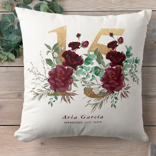 Quinceanera Red Rose Floral Gold Number 15 Throw Pillow