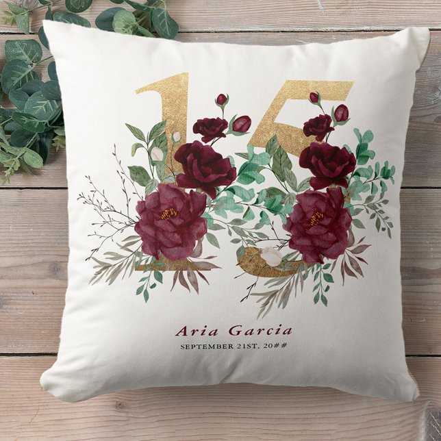 Quinceanera Red Rose Floral Gold Number 15 Throw Pillow (Creator Uploaded)