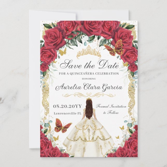 Quinceañera Red Rose Floral White Ivory Dress Gold Save The Date (Front)