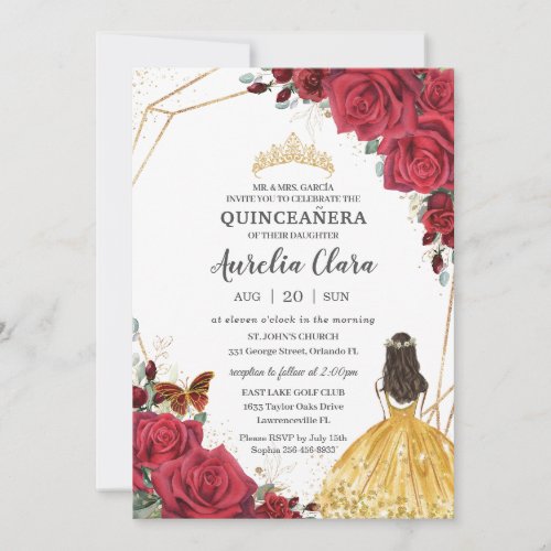 Quinceaera Red Rose Floral Yellow Dress Princess Invitation