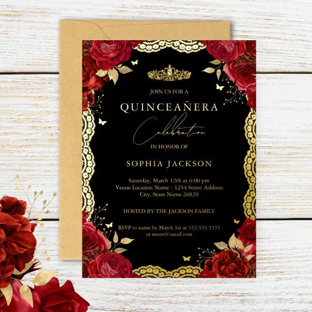 Quinceanera Red Rose Gold Lace Birthday Foil Invitation | Zazzle