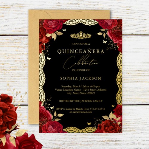 Quinceanera Red Rose Gold Lace Birthday  Foil Invitation
