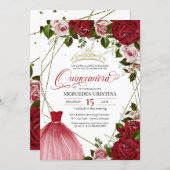 Quinceañera red rose golden tiara birthday party invitation (Front/Back)