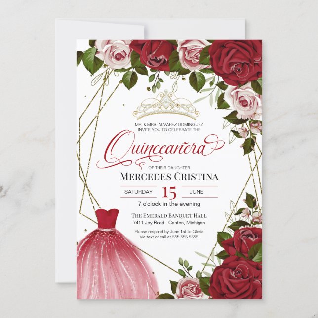 Quinceañera red rose golden tiara birthday party invitation (Front)