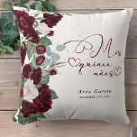 Quinceanera Red Rose Personalized Mis Quince Anos Throw Pillow<br><div class="desc">Quinceañera pillow is a beautiful keepsake gift to celebrate the 15th Birthday of a special young woman. This elegant Quinceanera pillow has burgundy red and creamy white toned vintage rose flowers on a white background with a splash of gold confetti dots. Mis Quince Anos is lettered in calligraphy with love...</div>