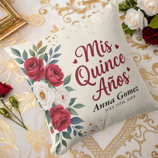 Quinceanera Red Rose Personalized Mis Quince Anos  Throw Pillow (Creator Uploaded)
