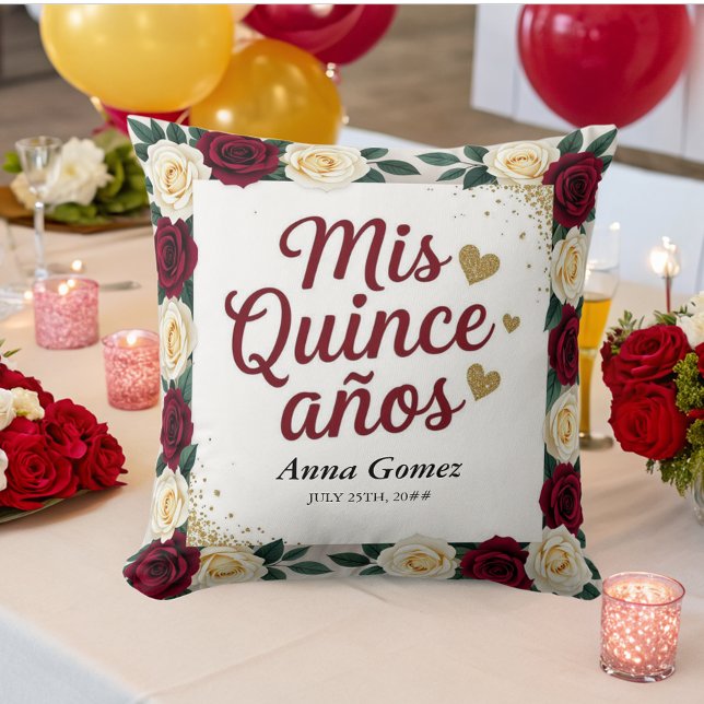 Quinceanera Red Rose Personalized Mis Quince Anos  Throw Pillow (Creator Uploaded)