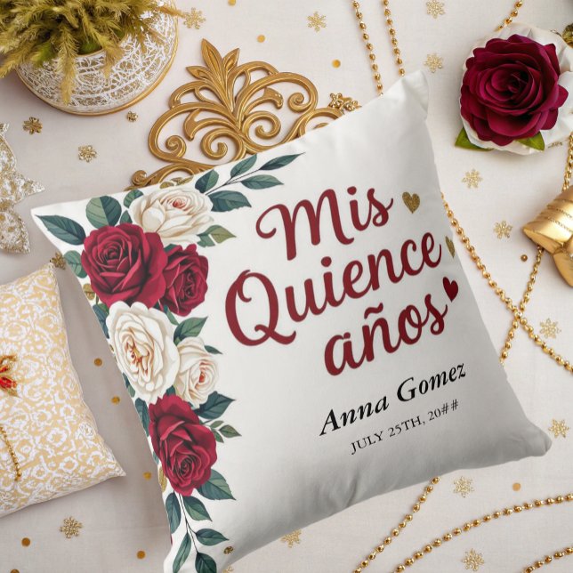 Quinceanera Red Rose Personalized Mis Quince Anos  Throw Pillow (Creator Uploaded)
