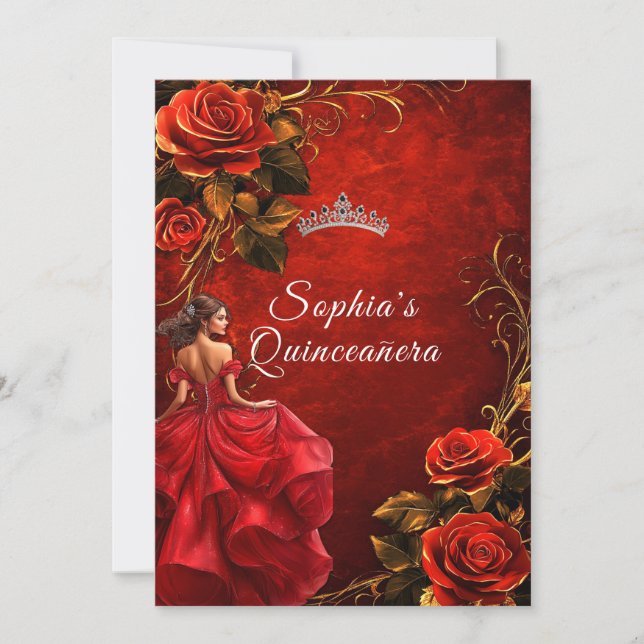 Quinceanera Red Roses and Gown Crown Invitation (Front)