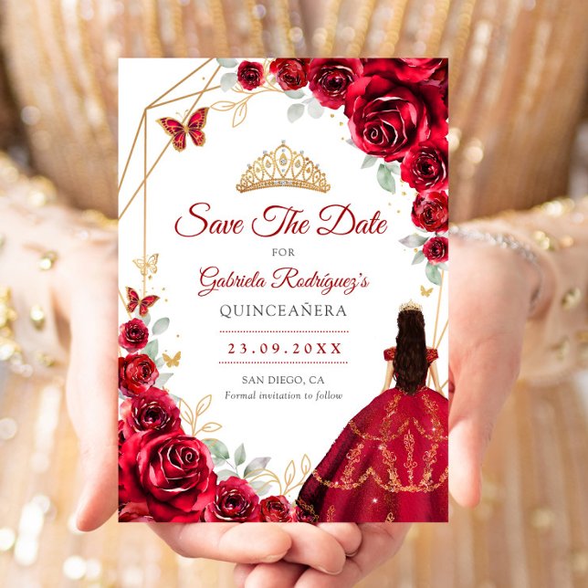 Quinceanera Red Roses Dress Gold Save The Date (Creator Uploaded)
