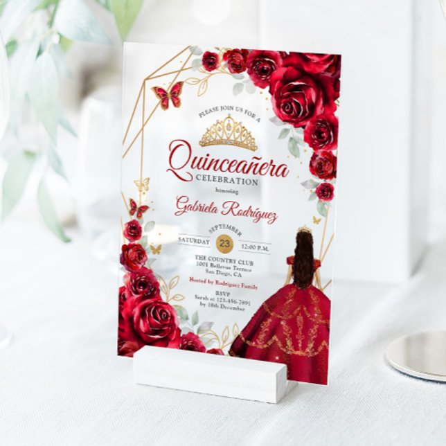 Quinceanera Red Roses Dress Gold White Acrylic Invitations (Creator Uploaded)