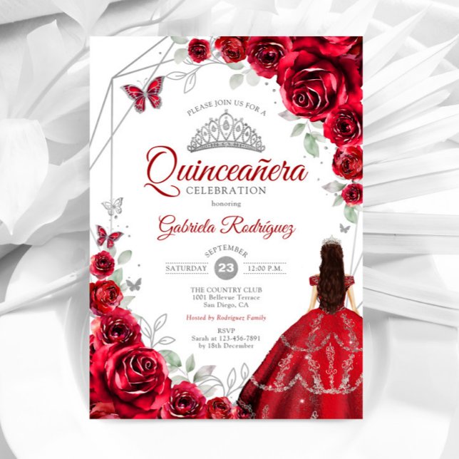 Quinceanera Red Roses Dress Silver Invitation (Creator Uploaded)