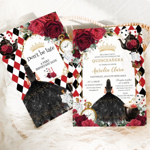 Quinceanera Red Roses Floral Alice in Wonderland Invitation