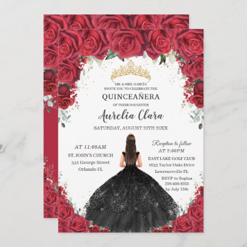Quinceaera Red Roses Floral Black Dress Gold Invitation