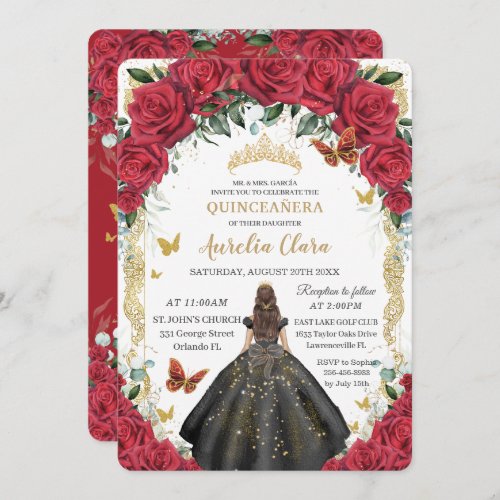 Quinceaera Red Roses Floral Black Dress Gown Gold Invitation