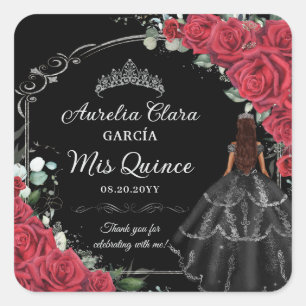 Quinceañera Red Roses Floral Black Dress Silver Square Sticker