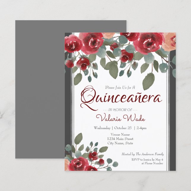 Quinceanera Red Roses Floral Budget Invitation (Front/Back)
