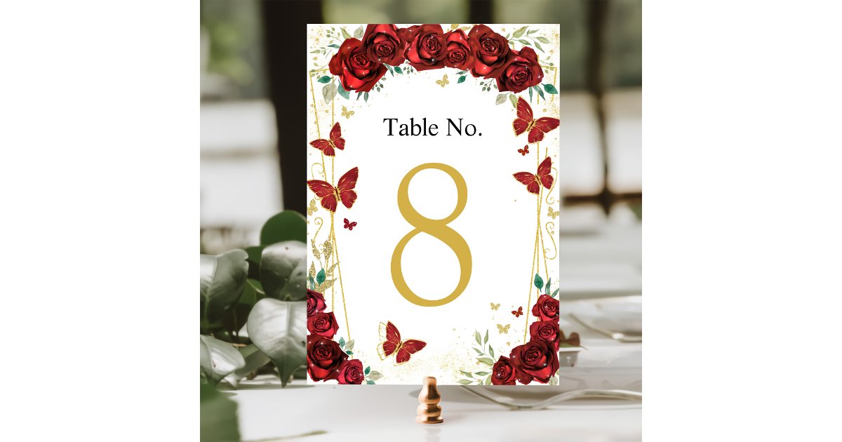 Red Roses Table Numbers Quinceañera Red Roses Floral Butterflies Table Number | Zazzle