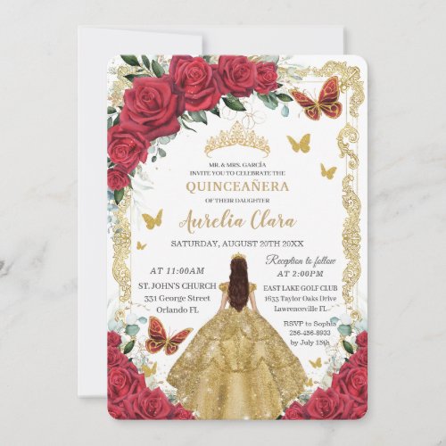 Quinceaera Red Roses Floral Gold Dress Princess  Invitation