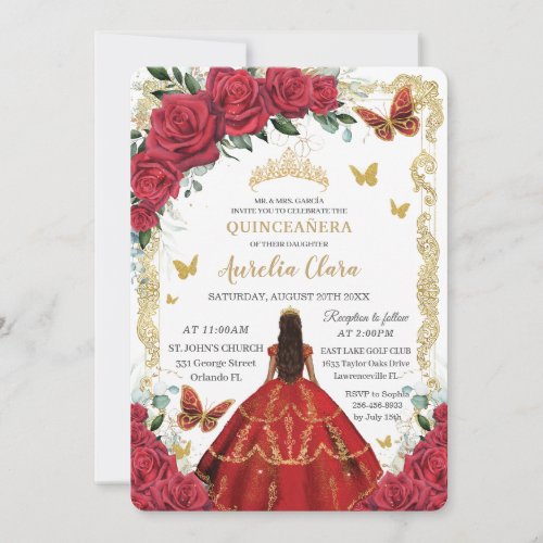 Quinceaera Red Roses Floral Gold Princess 16th Invitation