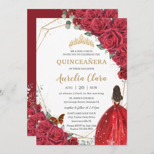 Quinceaera Red Roses Floral Gold Princess Crown Invitation