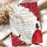 Quinceañera Red Roses Floral Gold Princess Crown Invitation<br><div class="desc">Personalize this lovely quinceañera invitation with own wording easily and quickly,  simply press the customize it button to further re-arrange and format the style and placement of the text.  Matching items available in store!  (c) The Happy Cat Studio</div>