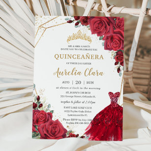Quinceañera Red Roses Floral Gold Princess Dress Invitation