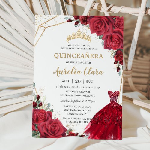 Quinceaera Red Roses Floral Gold Princess Dress Invitation