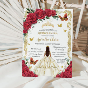 Quinceañera Red Roses Floral Ivory Dress Princess Invitation