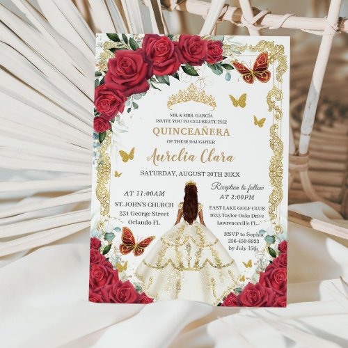 Quinceaera Red Roses Floral Ivory Dress Princess  Invitation