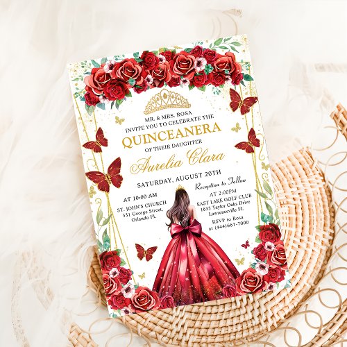 Quinceaera Red Roses Floral Princess Butterflies  Invitation